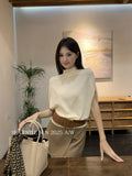 Fongt Xixi 2025 Autumn New White Standard Temperament High-Neck Solid Color Knit Shirt Short-Sleeve Top Lady 25368