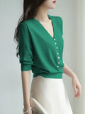 Pearl Button Knit Tops Women Candy Color V-neck Summer Tshirts V-neck Half Sleeve Tee Slim Knitwear Jumper Casual