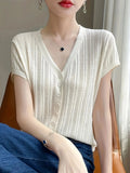 Fongt Spring And Summer New V-Neck Button Outside The Cardigan Lady Elegant Ocean Simple Thin Knit Short Sleeve
