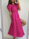 Women's Summer Dress with Botton White Elegant Office Ladies Split Short Sleeve A-Line Chic Holiday Party Maxi Dresses for Women-Outfit