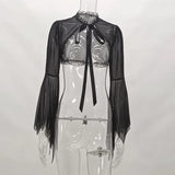Vertical Collar Lace Splicing Strap Burnt Cuff Blouse Dark Wind Short Style Perspective Blouse Girl-Outfit