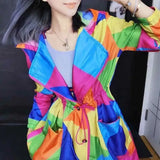 Contrasting Colors Geometric Spliced Jackets Women's Clothing Drawstring Shirring Spring Summer Casual Hooded Midi Coats-Outfit