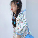Women Kawaii Puff Sleeve Patchwork Print Mid-calf Casual Loose Korean Style Empire New Arrivals Popular Peter Pan