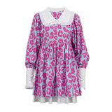 Fongt Spring New Dress Fashion Long Sleeve High Waist Print A-Line Skirt Doll Collar Fluffy Skirt-Outfit