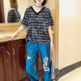 Letter Printed Casual T-shirt Short Sleeve Summer V-Neck Spliced Female Clothing Commute Shirring Drawstring Pullovers-Outfit