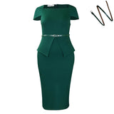Fongt Women's 2025 Short-Sleeved Square Collar Solid-Colored High-Waisted Lotus-Leaf-Side-Side OL Pencil Skirt African Dress