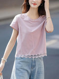 Fongt Style Lace Splicing Design Short-Sleeved T-Shirt 2025 Summer New Age-Reduce Round Collar Small Short Top