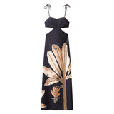 Fongt Bare Back Sling Dress Spring New Leisure Wind-Scared Belt Print Dress