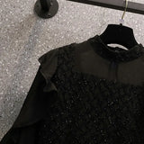 Women Vintage Tweed Black Dress Ruffle Mesh Patchwork Long Sleeve Sequin Mini Party Dresses Ladies Autumn