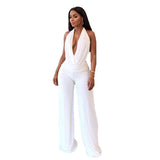 Fongt Hanging Neck Deep V Blouse Temperament Fashion Pure White Broad Leg Pants Two-Piece Set