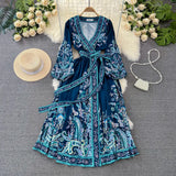 Fongt Court Lantern Long Sleeve V-Neck Belt With A Word Print Dress Elegant Swing Dress Long