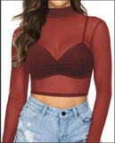 Fongt Elastic Tight Perspective Sexy Mesh Bottom Shirt Transparent Long Sleeve T-Shirt Women's Lace