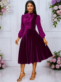 Fongt Style Purple Velvet Party Party Temperament Dress Wooden Ear Splicing Long Sleeves To Close The Waist A Dress Dress