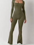 Women Jumpsuits Solid Long Sleeve Square Neck Low Cut Solid Slim Fit Autumn Rompers Flared Long Pants Streetwear 2023-Outfit