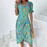 Fongt Large Number Of New 2025 Summer Hot Sales Geometric Collage Bubble Sleeve Irregular Pendulum Dress