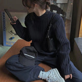 Cropped Sweater Women Vintage Striped Knitted Pullovers Harajuku Korean Slim Knitwear Japanese Black Casual Jumper-Outfit