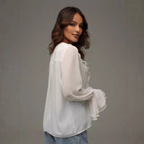 Fongt Women's New Fashion Lotus Leaf Side Long-Sleeved V Tie With Shirt Shirt Woman
