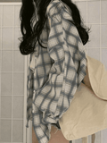 Checkered Puff Sleeve Button Blouse-Outfit