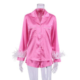 Satin Women Pajamas 2 Piece Set Sleepwear with Feather Cuff Soft Elgant Pajamas Women Nightgown Luxury Ladies'