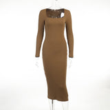 Long Sleeve Ankle-Length Dress For Woman Square Collar Knit Long Dress Women Sexy Elegant Causal Solid Maxi