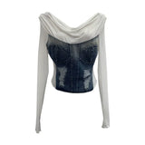 Sexy Collar Long-Sleeved T-Shirt To Make Old Hole Cowboy Splicing Net Bare Back Short Top