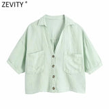 Women Fashion Candy Color Double Pockets Loose Linen Smock Blouse Lady Buttons Short Shirt Chic Kimono Blusas Tops