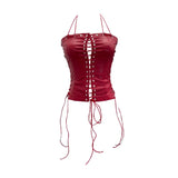 Fongt Babes Hollow Strapped Braped Pu Skin Top Female Tight Sexy Short Hanging Neck Vest 2765