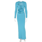 Summer Women's Fashion Hollow Out Solid Color Long Sleeve Slim Crop Sexy Dress-Outfit