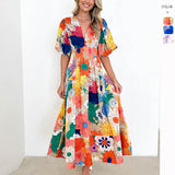 Fongt Women's Summer New Flower Print Bubble Sleeve A-Shaped Long Dress Temperament Dress
