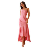 Spring Summer New Sexy Slanted Shoulder Strap Bare Back Fishtail Temperament Dress Woman