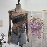Real Shot Shoulder Strap Hanging Neck Pure Lust Wind Long-Sleeved T-Shirt Repair Cross-Folded Open Fork Short Top