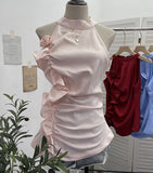 Fongt Design Sleeveless Leaves Three-Dimensional Flower Blouse Atmosphere Slimming Waist 1166