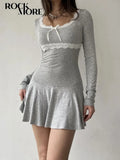 Lace Patchwork Knitted Mini Dresses Women Autumn Y2K Sweet Bow Bodycon Long Sleeve Pleated Dress Casual Korean Style-Outfit