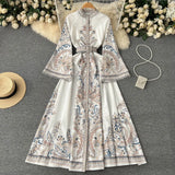 Fongt Dress New Retro Print Collar Collar Horn Sleeve Dress Women's Single Buckle Large Irregularly Folded Long Skirt