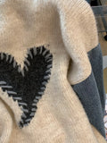 Autumn Winter Women Denim Patchwork Sweater Long Sleeve O-Neck Heart Pattern Knitted Pullovers Loose Stitching