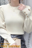Autumn Round Neck Puff Sleeve Chic Knitted Pullovers for Women Elegant Fashion Button Sweaters Bottoming Shirt Korean