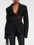 Fongt Trend Top 2024 Autumn New See-Through Sexy Mesh Stitching Lapel Suit Jacket Female-Outfit
