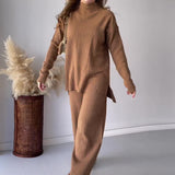 Fongt 2025 New Fashion Pure Color Round-Neck Casual Knitted Wide Leg Trousers Two Sets