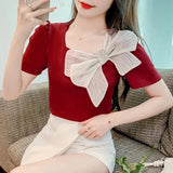 Fongt Shot Summer New Square Collar Short Sleeve Bow Bubble Sleeve Design Sense Joker Head Shirt Jacket-Outfit