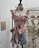 Fongt Shoot French Retro Irregular Lotus With Chest Cushions With Ribbon Sling Vest Summer Chiffon Top 9137