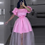 Fongt Women's Bow Bow Lotus Leaf Dress Banquet Party High Waist Dress Dress