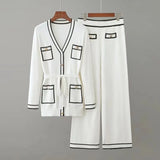 Early Autumn Long-Sleeve Knit Suit Lace-Up Waist Mid-Length V-Neck Cardigan + Wide-Leg Pants Two-Piece