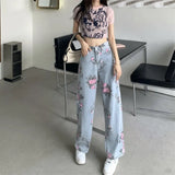 Fongt And Autumn Sweet And Spicy Girl Rose Print Jeans Women Design High Waist Straight Trousers Hanging Broad Leg Trousers
