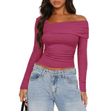 Women Basic Solid Undershirt Slash Off Shoulder Full Sleeve Shirt Shrunk Soft T-Shirt Autumn Versatile Street Daily Top-Outfit