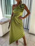 Fongt Women's New Solid-Color Dress Fashion Sexy Slanted Shoulder Folded Empty Dress 8043