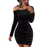 Fongt And Summer New Long-Sleeved Shoulder Repair Skirt Sexy Squins With Bomb-Packed Hip