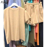 Summer New Leisure Sports Suit Women's Loose Solid Color Fashion Short Sleeve T-shirt Shorts Two-piece Set Women's