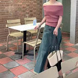 Fongt Retro Sexy Shoulder Repair Slimming Paper Pieces Knitted Vest T-Shirt Blouse Short Short Sleeve