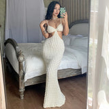 Sleeveless Slips Backless Solid Hollow Out Sexy Elegant Maxi Prom Dress Summer Bodycon Birthday Party Clothes Wholesale-Outfit