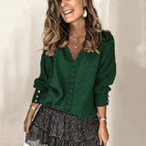 Fongt 2025 New Lace V-Necked Jacket Sweater Lady Loose Long-Sleeved Solid-Colored Sweater